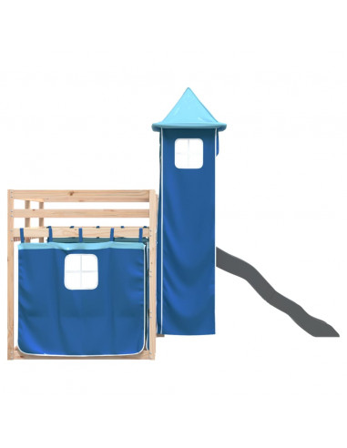Letto a Castello con Scivolo e Tende Blu 90x190 cm