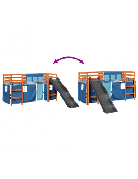 Letto a Soppalco Bambini con Tende Blu 90x190 cm Massello Pino