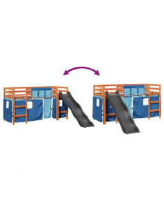 Letto a Soppalco con Tende Bambini Blu 80x200 cm Massello Pino