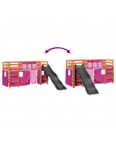 Letto a Soppalco con Tende Bambini Rosa 80x200 cm Massello Pino