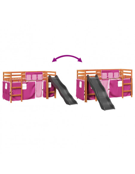 Letto a Soppalco con Tende Bambini Rosa 90x190 cm Massello Pino