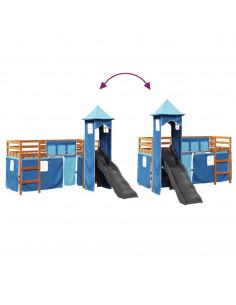 Letto a Soppalco con Torre Bambini Blu 80x200cm Massello Pino