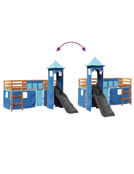 Letto a Soppalco con Torre Bambini Blu 90x190cm Massello Pino