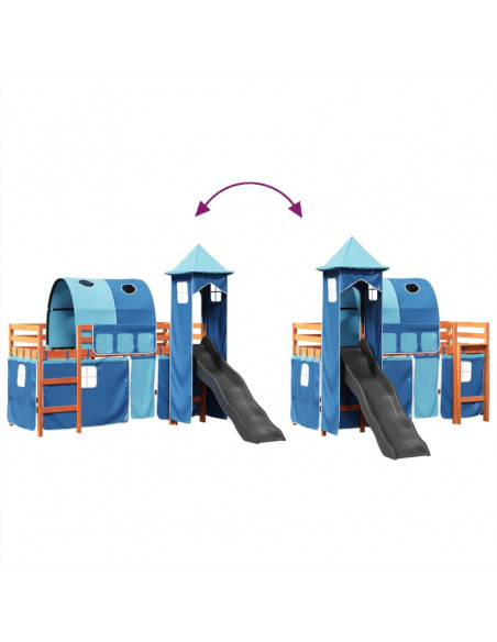 Letto a Soppalco con Torre Bambini Blu 90x200cm Massello Pino