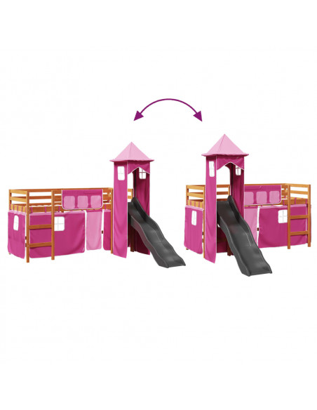 Letto a Soppalco con Torre Bambini Rosa 90x190cm Massello Pino