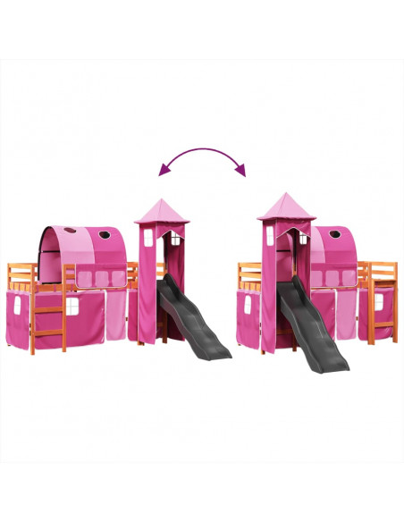 Letto a Soppalco con Torre Bambini Rosa 90x190cm Massello Pino