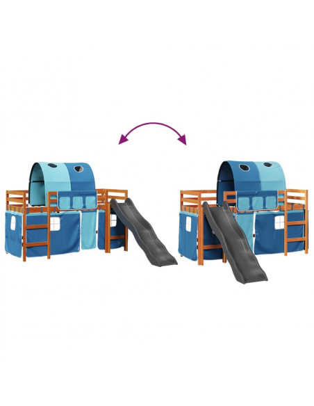 Letto a Soppalco con Tunnel Bambini Blu 90x200cm Massello Pino
