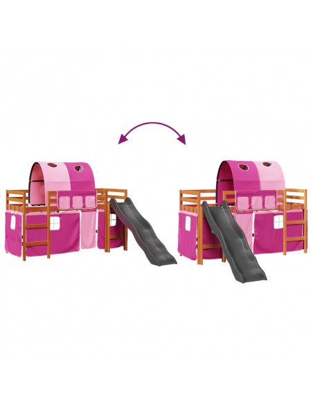 Letto a Soppalco con Tunnel Bambini Rosa 90x190cm Massello Pino