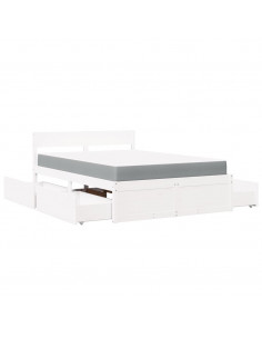 Letto Cassetti e Materasso Bianco 140x190cm Legno Massello Pino