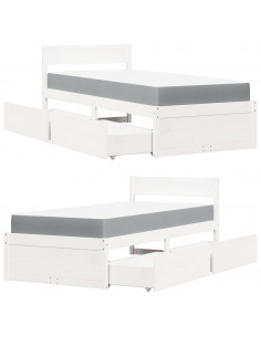 Letto Cassetti e Materasso Bianco 90x200 cm Legno Massello Pino