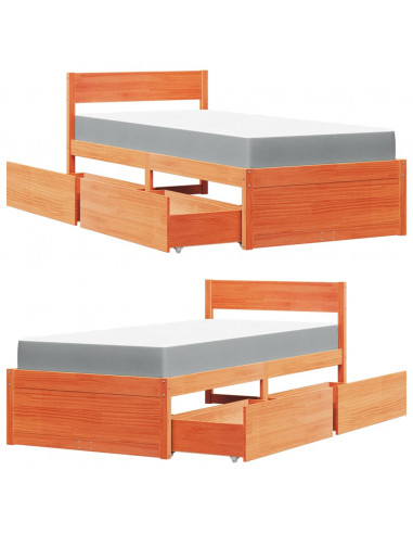 Letto Cassetti e Materasso Marrone Cera 100x200cm Massello Pino