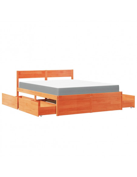 Letto Cassetti e Materasso Marrone Cera 140x200cm Massello Pino