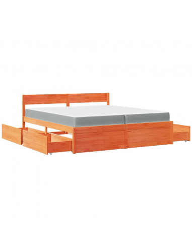 Letto Cassetti e Materasso Marrone Cera 200x200cm Massello Pino