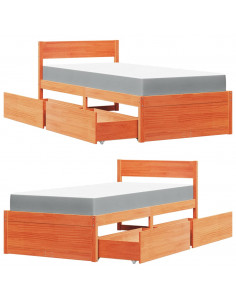 Letto Cassetti e Materasso Marrone Cera 90x190cm Massello Pino