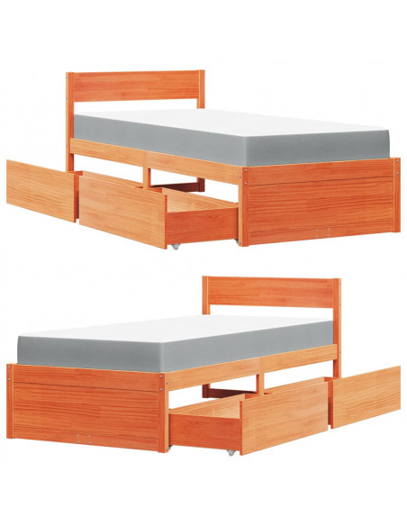 Letto Cassetti e Materasso Marrone Cera 90x190cm Massello Pino