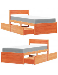 Letto Cassetti e Materasso Marrone Cera 90x200cm Massello Pino