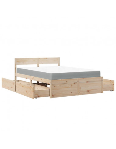 Letto con Cassetti e Materasso 140x190 cm Legno Massello Pino