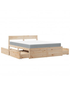 Letto con Cassetti e Materasso 140x200 cm Legno Massello Pino