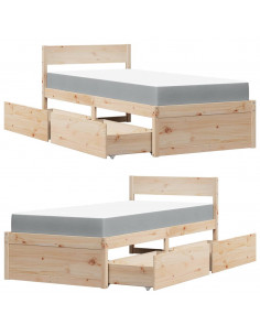 Letto con Cassetti e Materasso 90x190 cm Legno Massello di Pino