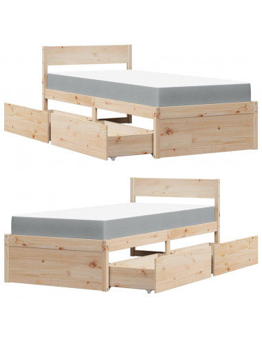 Letto con Cassetti e Materasso 90x190 cm Legno Massello di Pino