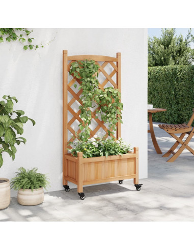 Fioriera con Traliccio e Ruote Marrone Legno Massello di Abete