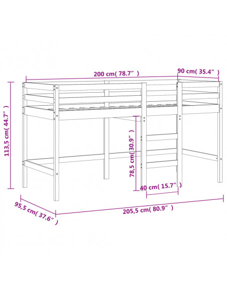 Letto Soppalco con Scala Bambini Nero 90x200cm Massello Pino