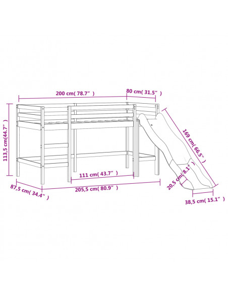 Letto Soppalco Scivolo Bambini Bianco 80x200 cm Massello Pino