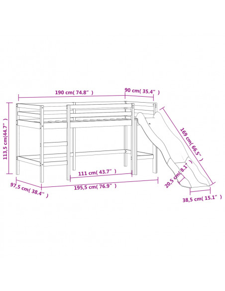 Letto Soppalco Scivolo Bambini Bianco 90x190 cm Massello Pino