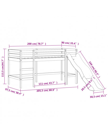 Letto Soppalco Scivolo Bambini Bianco 90x200 cm Massello Pino
