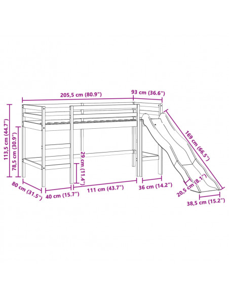 Letto Soppalco senza Materasso Bambini Marrone Cera 80x200 Pino