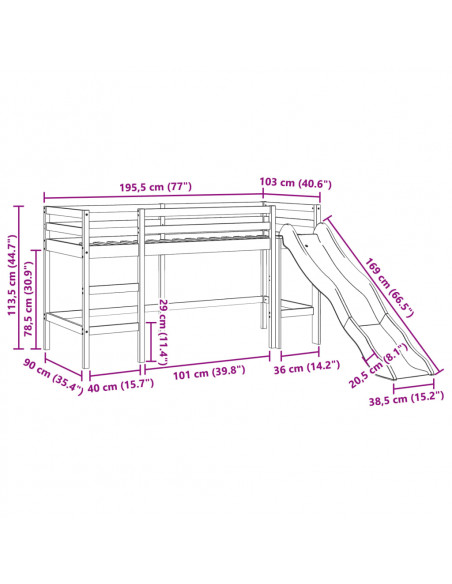 Letto Soppalco senza Materasso Bambini Marrone Cera 90x190 Pino