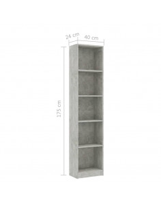 Libreria 5 Ripiani Grigio Cemento 40x24x175cm Legno Multistrato