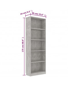 Libreria 5 Ripiani Grigio Cemento 60x24x175cm Legno Multistrato