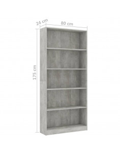 Libreria 5 Ripiani Grigio Cemento 80x24x175cm Legno Multistrato