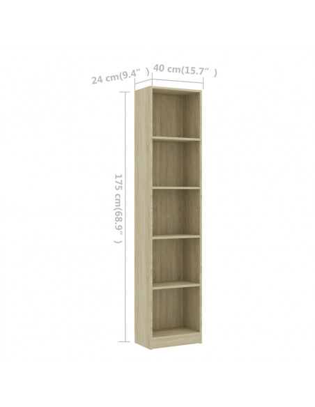 Libreria 5 Ripiani Rovere Sonoma 40x24x175 cm Legno Multistrato