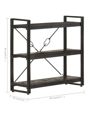 Libreria a 3 Ripiani 90x30x80cm Nero in Legno Massello di Mango