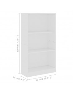 Libreria a 3 Ripiani Bianca 60x24x109 cm in Legno Multistrato