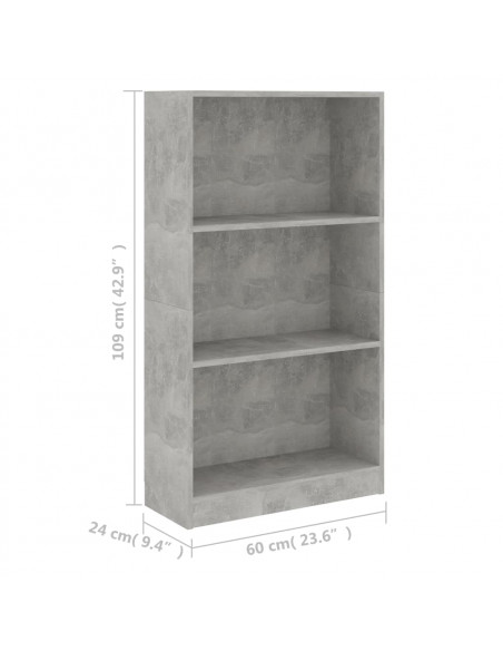 Libreria a 3 Ripiani Cemento 60x24x109 cm in Legno Multistrato
