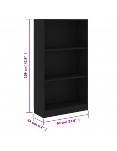 Libreria a 3 Ripiani Nera 60x24x109 cm in Legno Multistrato