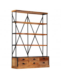 Libreria a 4 Ripiani 6 Cassetti 122x36x181cm Massello di Mango