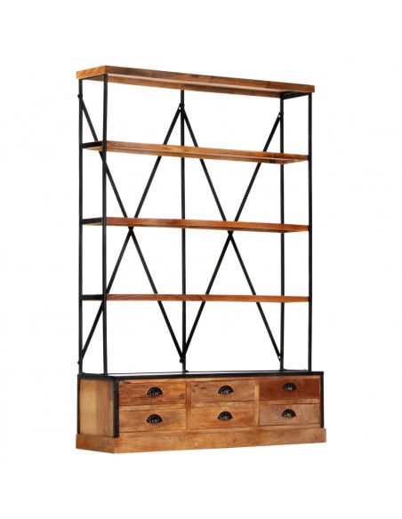 Libreria a 4 Ripiani 6 Cassetti 122x36x181cm Massello di Mango