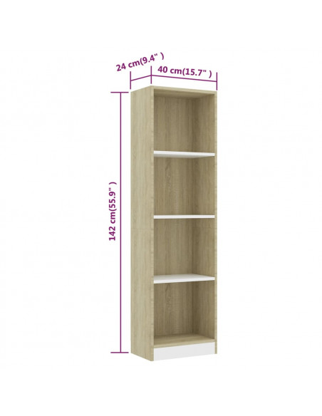 Libreria a 4 Ripiani Bianco e Sonoma 40x24x142cm in Multistrato