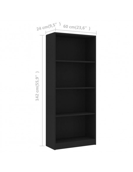 Libreria a 4 Ripiani Nera 60x24x142 cm in Legno Multistrato