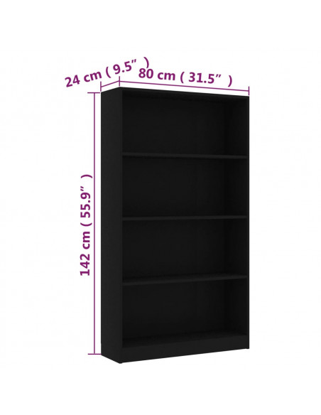 Libreria a 4 Ripiani Nera 80x24x142 cm in Legno Multistrato