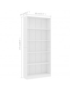 Libreria a 5 Ripiani Bianca 80x24x175 cm in Legno Multistrato