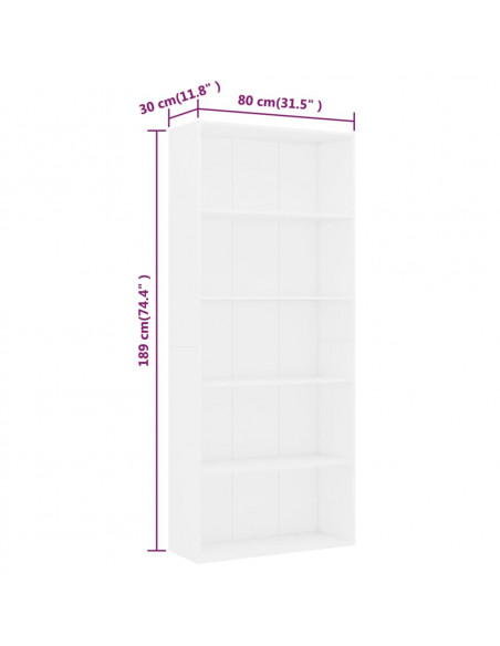 Libreria a 5 Ripiani Bianca 80x30x189 cm in Legno Multistrato