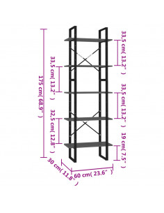 Libreria a 5 Ripiani Grigia 60x30x175 cm in Legno Multistrato