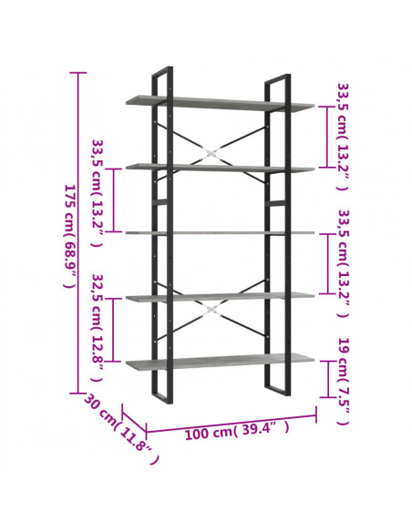Libreria a 5 Ripiani Grigio Cemento 100x30x175cm in Multistrato