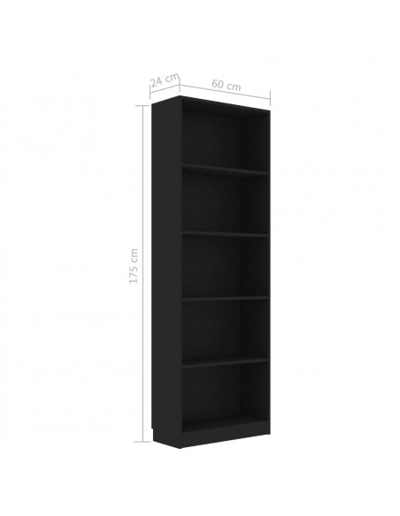 Libreria a 5 Ripiani Nera 60x24x175 cm in Legno Multistrato