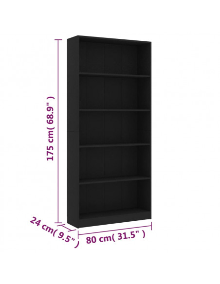Libreria a 5 Ripiani Nera 80x24x175 cm in Legno Multistrato